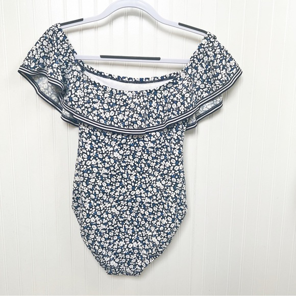 Lauren Ralph Lauren White & Navy Blue Ditsy Floral Off Shoulder 1-Piece Swimsuit - Picture 3 of 9